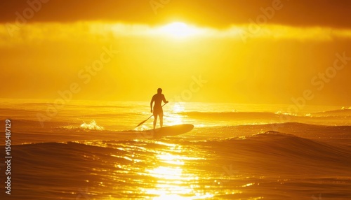 Silhouette of a paddleboarder gliding across the ocean at sunset, embraced by golden light.