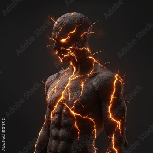 Fiery humanoid with glowing veins on dark background