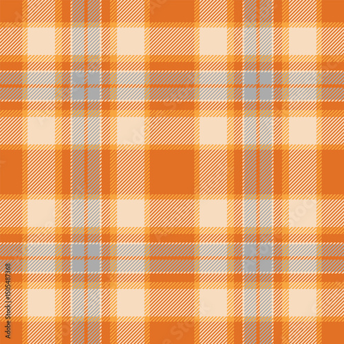 Vibrant orange and cream plaid pattern.  Perfect for autumnal designs, textile prints, or website backgrounds.  This seamless texture offers a warm, inviting feel, evoking comfort and style.
