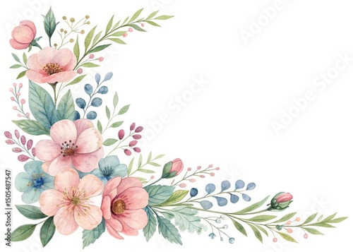 Watercolor floral corner arrangement with pink and blue flowers and foliage illustration