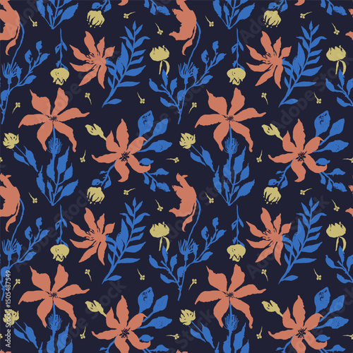Seamless pattern with hand drawn flowers and leaves. Loose botanical repeat background. Rough florals wallpaper.