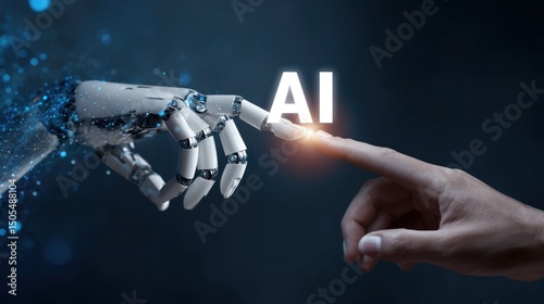 A robotic hand and a human hand touching with the word ai glowing between them on dark background