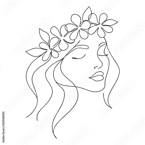 Serene woman with flower crown line art illustration