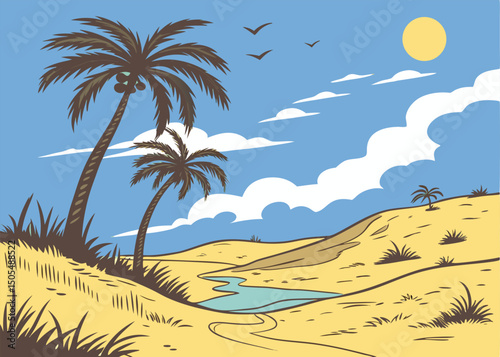 drawing of palm trees and a river
