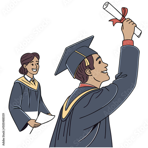 Happy male and female graduates with diplomas celebrating academic success in caps and gowns