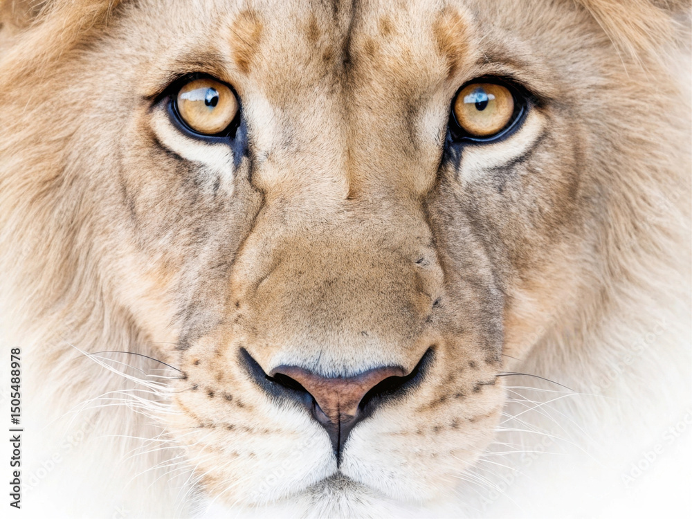 Fototapeta premium Close-Up Portrait of a Majestic Lion with Striking Golden Eyes Against a White Background
