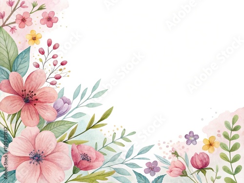 Watercolor Floral Illustration with Pink and Purple Flowers and Leaves for Background