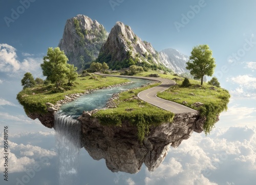 A floating island with mountains, a river, a road, trees, and a waterfall in the sky