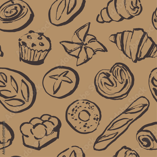 Seamless pattern design, bakery product line art illustrations