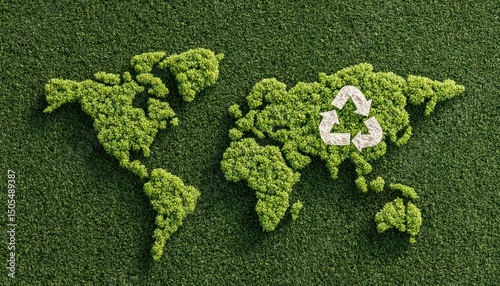 World map made of green plants with a recycle symbol on green grass background aerial view