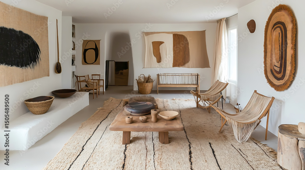 Fototapeta premium Scandinavian Boho Living Room with Layered Rugs and Woven Baskets