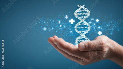 A hand holding a digital dna strand with plus signs on a blue gradient background view