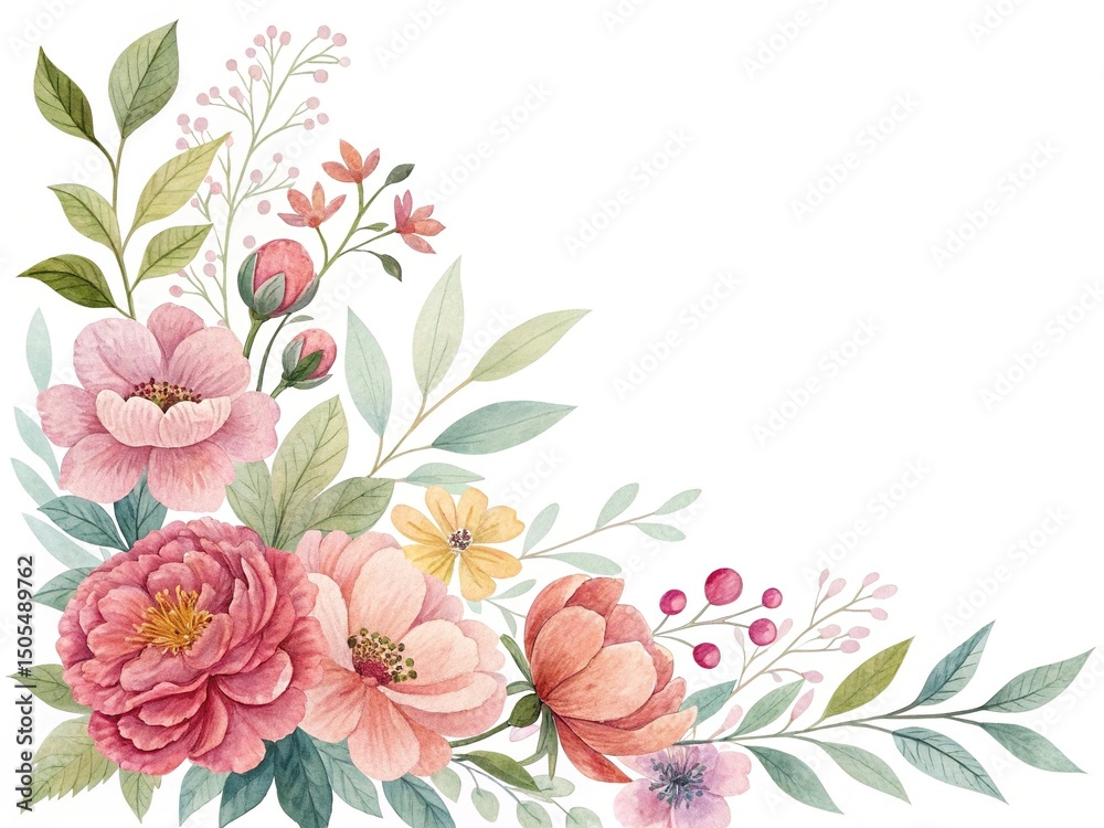Fototapeta premium Watercolor floral corner arrangement with pink peonies and delicate leaves, soft colors