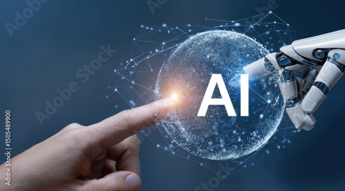 Human and robot hands interacting with a digital ai sphere on a dark blue background