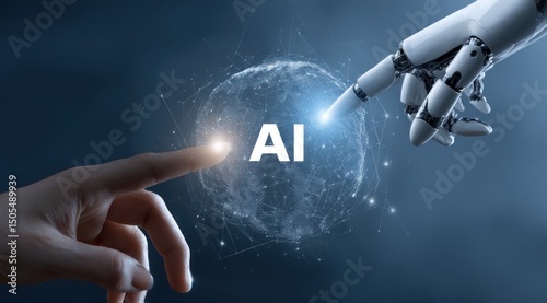A human finger and a robot hand reaching towards each other with ai text overlayed on top