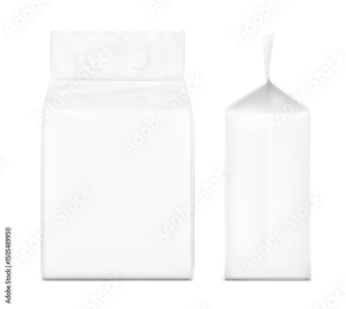 Realistic stand bag with hole handle mockup. Front and side view. Vector illustration isolated on white background. Suite for the presentation of changing mats, diapers, wet wipes, pants.EPS10.