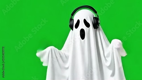Funny halloween ghost in white sheet wearing headphones dancing listening to music, isolated on chroma key green screen background. Happy halloween spooky concept, Generative AI