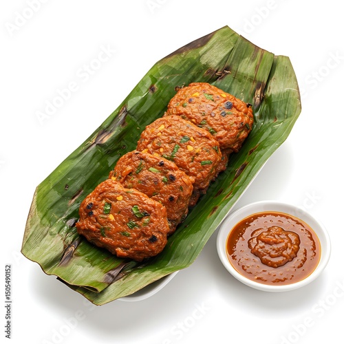 otak otak fish cake grilled in banana leaf, spicy peanut sauce on side , isolated on white background photo