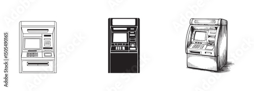 set of atm machine , automated teller machine vector for banking and financial transactions

