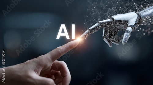 A human finger touching a robotic finger with ai text and network connection concept art