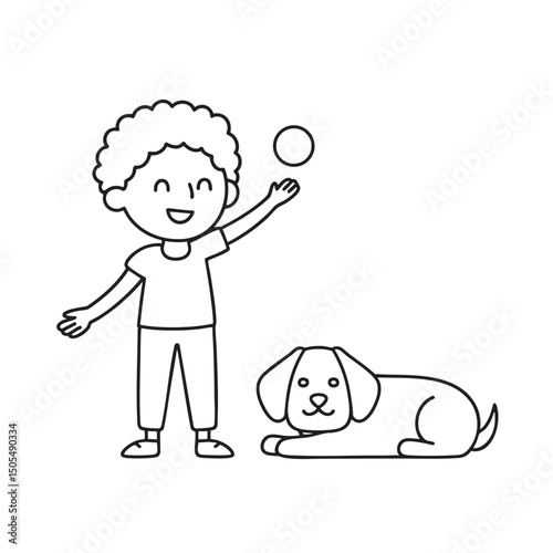 A sleeping dog beside a child tossing a ball