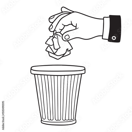 A hand throwing a crumpled paper to a bin