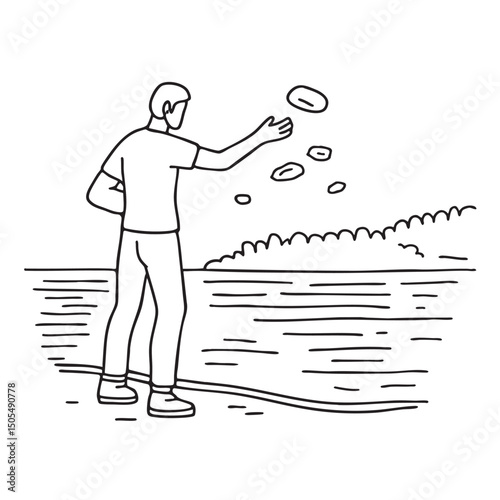 A man tossing fast a rock far into a quiet lake from the shore
