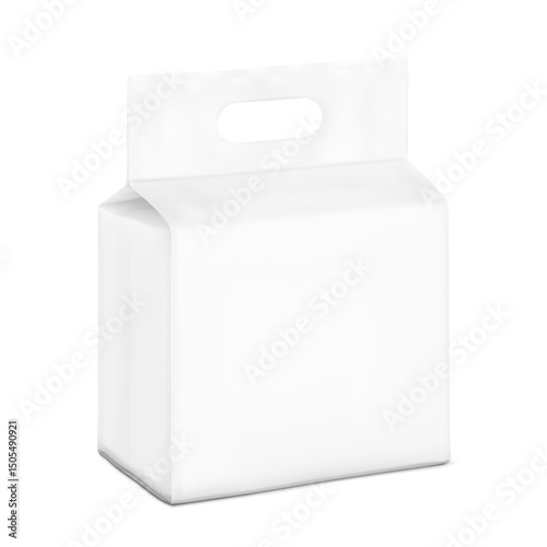 Realistic stand bag with hole handle mockup. Half side view. Vector illustration isolated on white background. Suite for the presentation of changing mats, diapers, wet wipes, pants. EPS10.