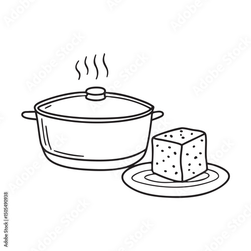 A piece of tofu resting near a pan on the stove