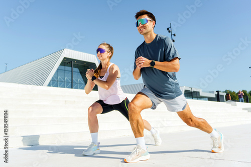 Couple exercising outdoors in trendy sportswear under a clear blue sky at a modern urban setting