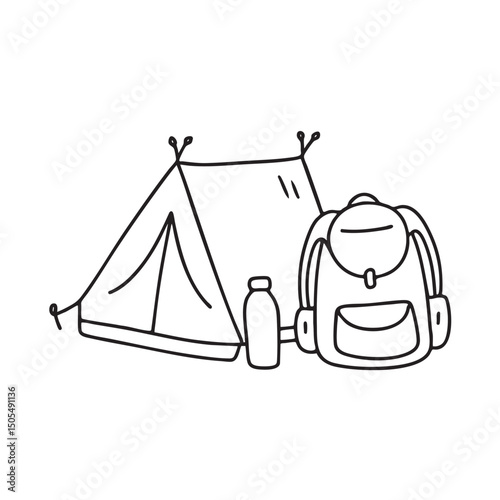 A tent beside a backpack and water bottle
