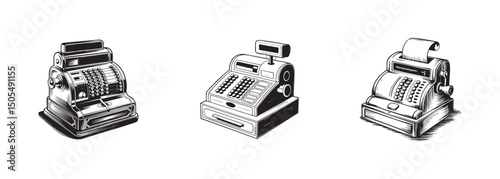 set of vintage cash register , antique till machine vector, retail history and old store equipment

