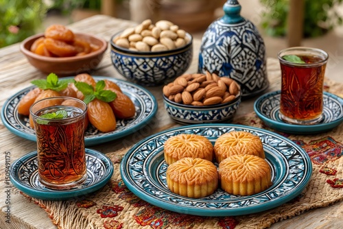 Traditional middle eastern sweets, nuts, dried fruits, and tea served on a wooden table