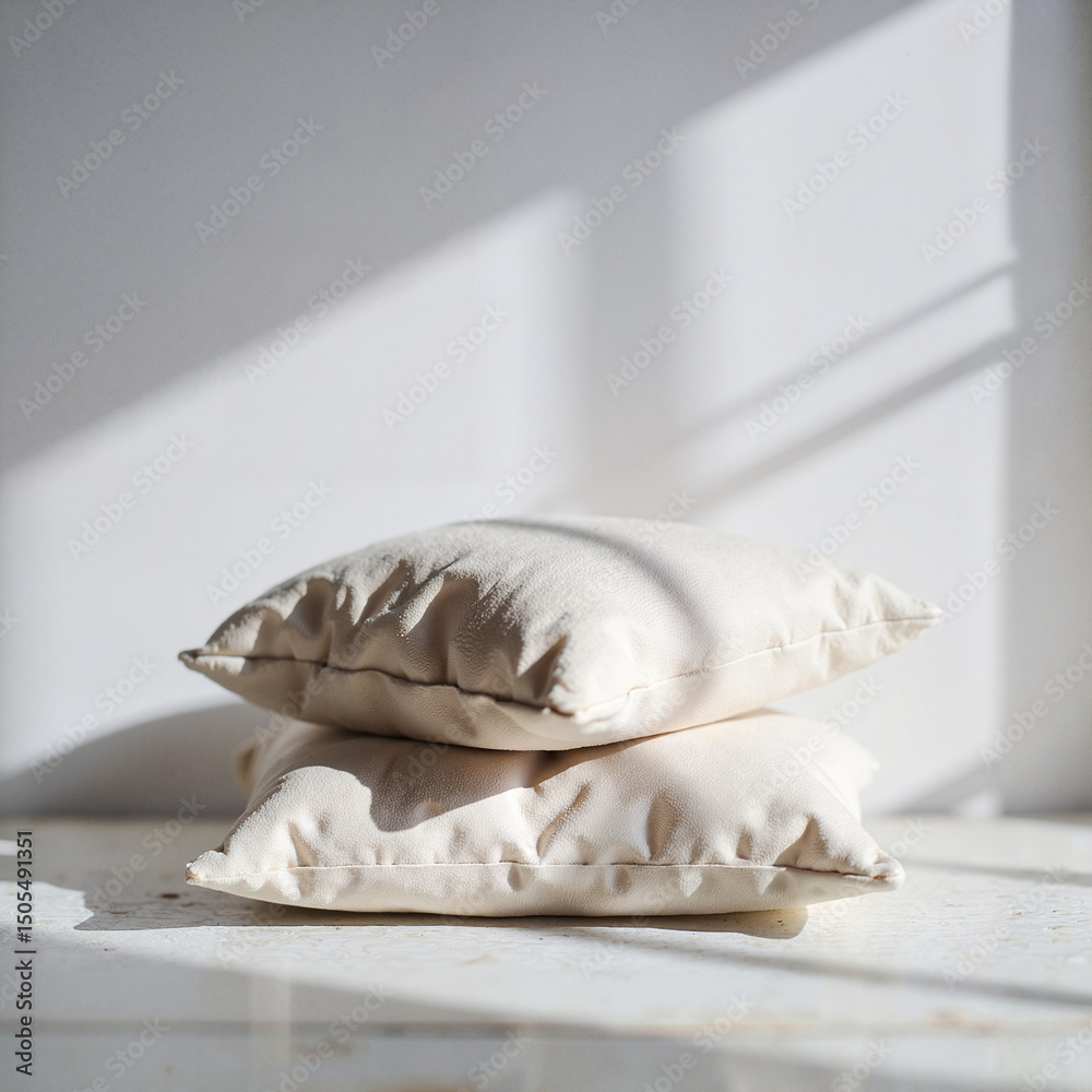 Naklejka premium Soft beige pillows stacked on a surface with natural sunlight 