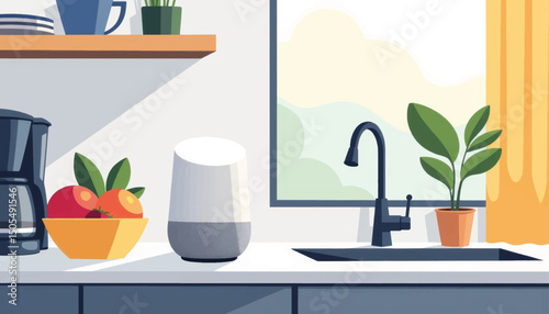 Smart home assistant on modern kitchen countertop, home automation