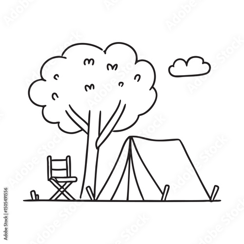 A tent under tree with a chair beside it