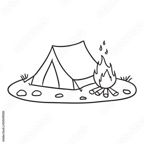 Beside a stone ringed campfire, a tent is set