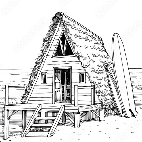 Beachfront A-Frame Cabin with Surfboard - Line Art Illustration