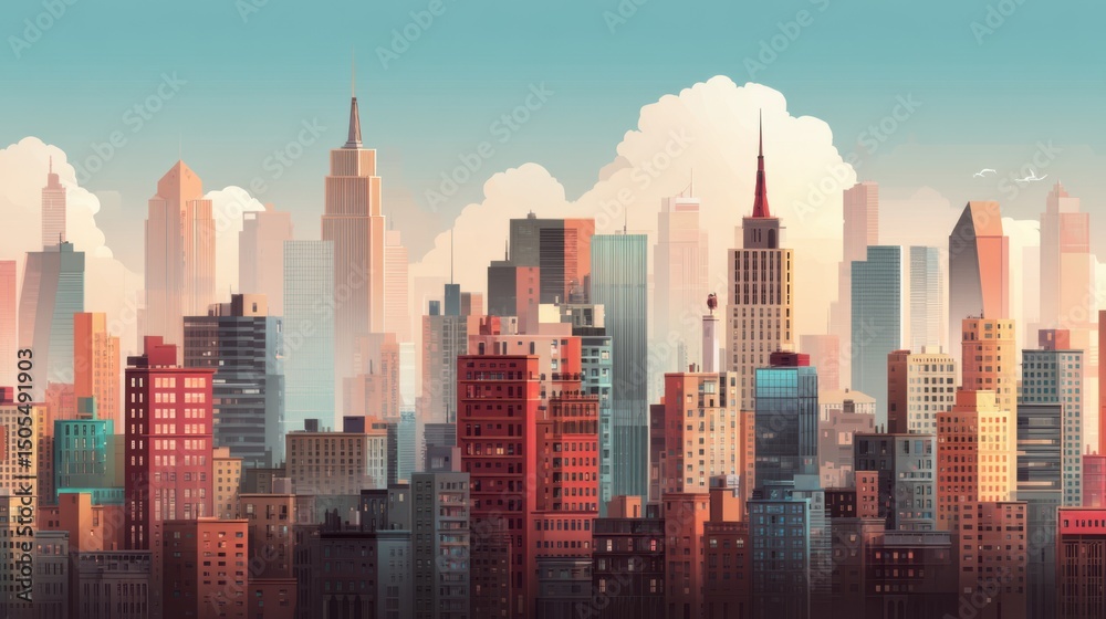 Fototapeta premium A modern city skyline in flat vector style, made with simple geometric shapes and bold, flat colors
