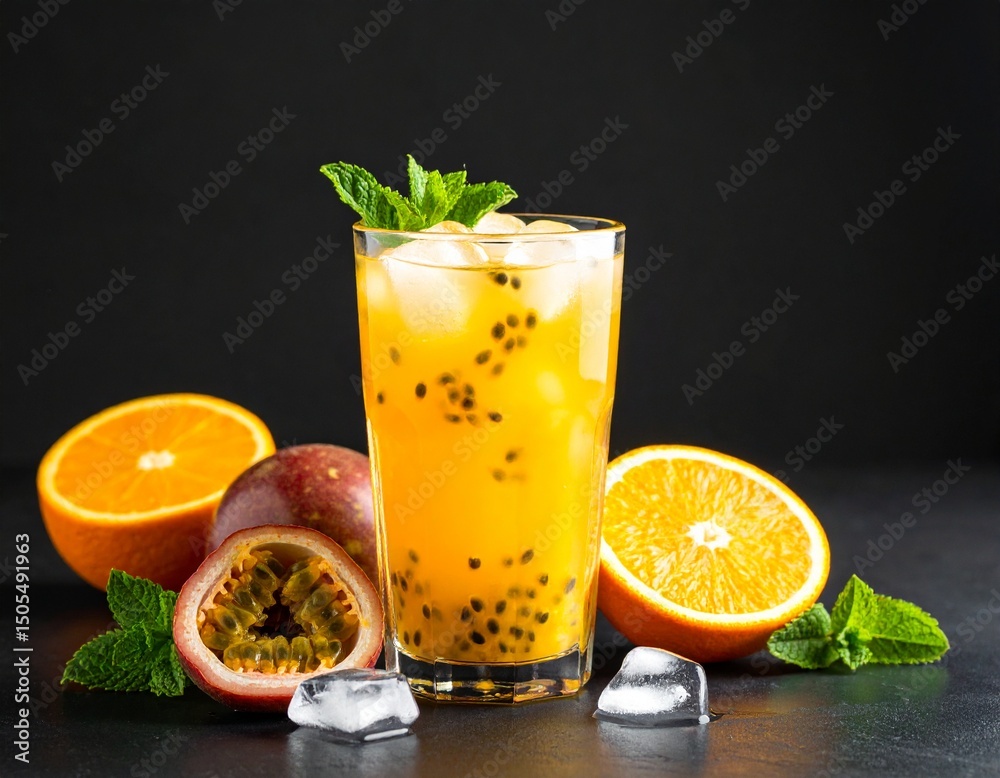 Fototapeta premium Tall glass tropical fruit drink with ice on black. Slices ripe orange passion fruit nearby. Fresh juice refreshment detox beverage.