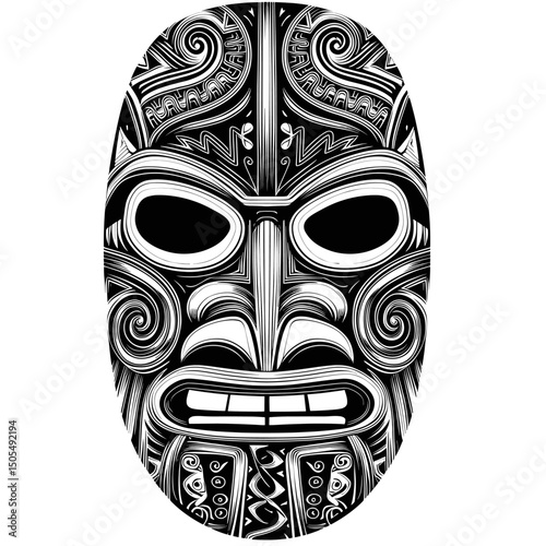 Intricate Polynesian Tribal Mask, Black and White Design