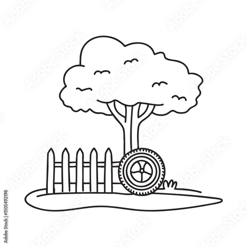Under a tree, a tire rests beside a fence