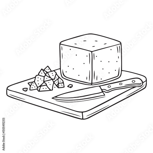 A tofu block beside a knife and tofu crumbs on cutting board