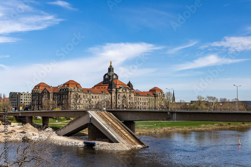 Destroyed bridge over the Elbe River after flooding. Dresden, Germany.