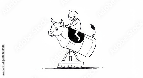 Cartoon stick figure grimacing while riding a mechanical bull on