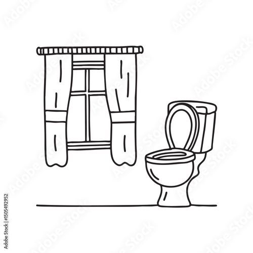 A toilet next to a window with an open curtain