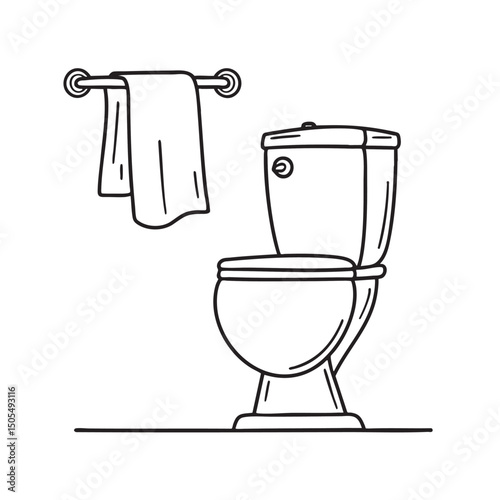 A toilet placed near a hanging towel on the rack