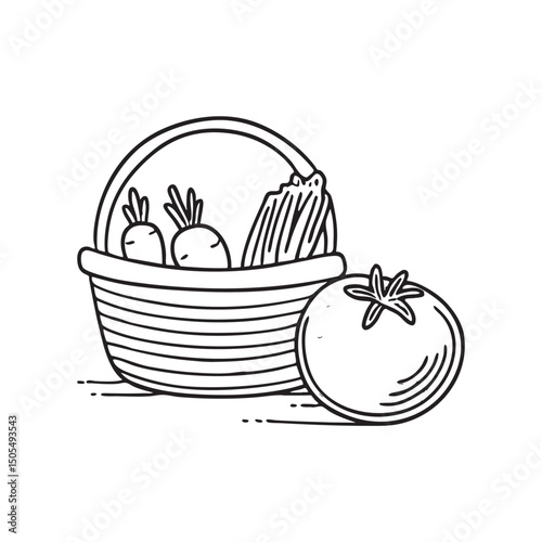 A tomato near a basket of assorted vegetables