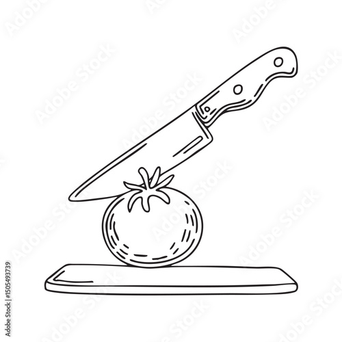 A tomato placed beside a kitchen knife on a board