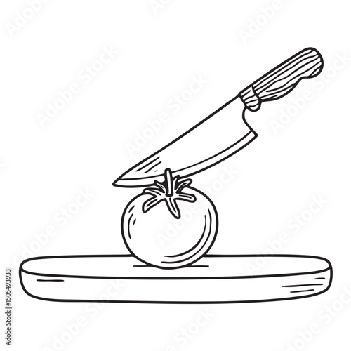 A kitchen knife placed on a board beside a tomato